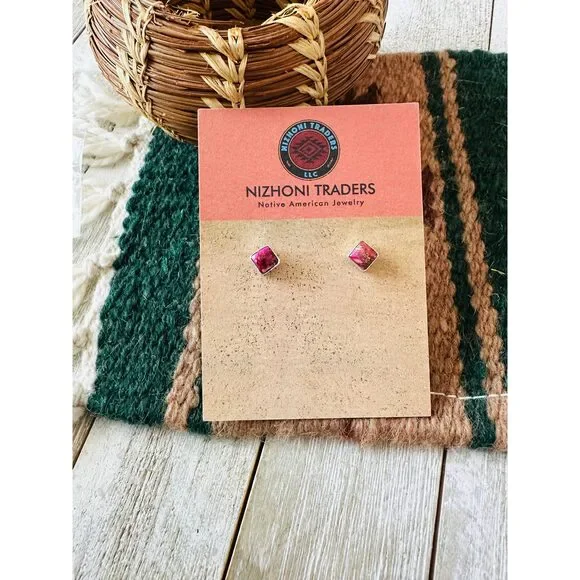 Handcrafted Sterling Silver & Pink Mojave Square Stud Earnings - Picture 2 of 6